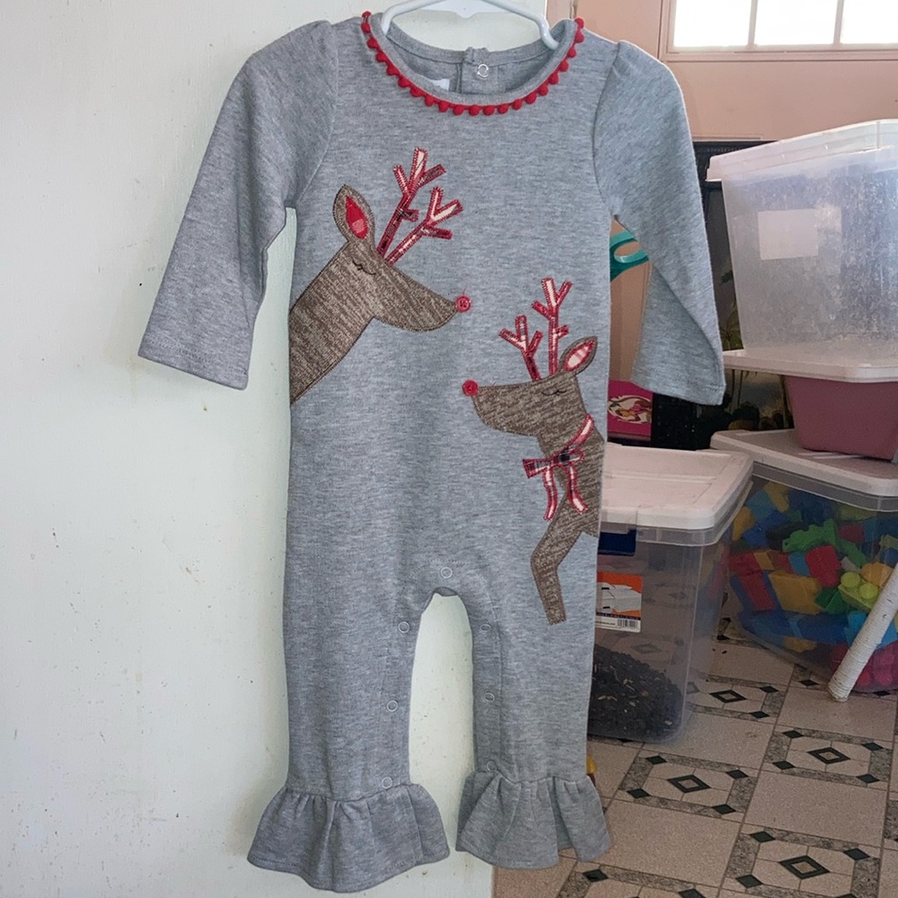 Mud Pie Gray Baby Romper with Reindeer